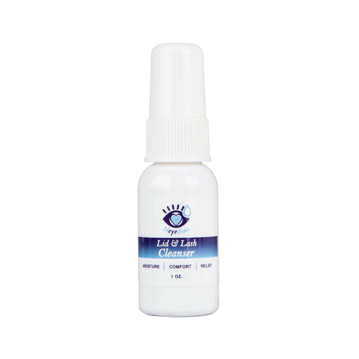 A compact white bottle of Heyedrate Lid & Lash Cleanser by PRN features a spray nozzle and a label with an eye & hand logo. Labeled Moisture, Comfort, Relief, its infused with hypochlorous acid for dry eye relief. (1 oz - 1 Month Supply).