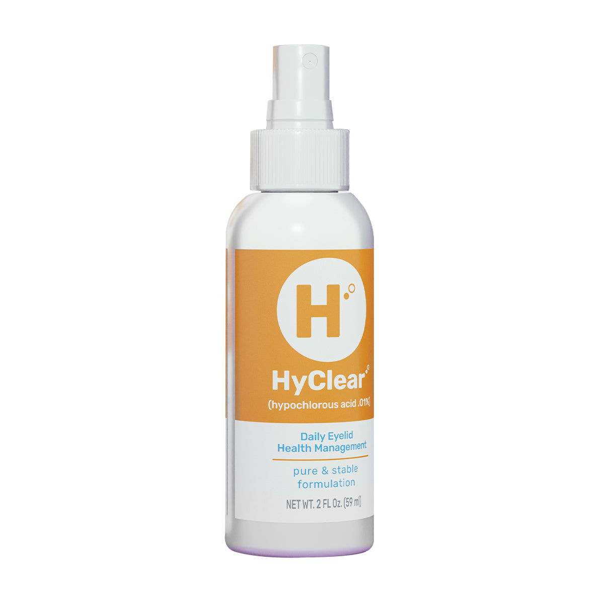 A white spray bottle labeled Hyclear by Contamac features an orange circle with the H logo. The hypochlorous acid spray promotes daily eyelid hygiene with a pure & stable formulation, 0.01% concentration, and antimicrobial activity, NET WT 2 FL OZ (60ml), offering a 1-2 month supply.