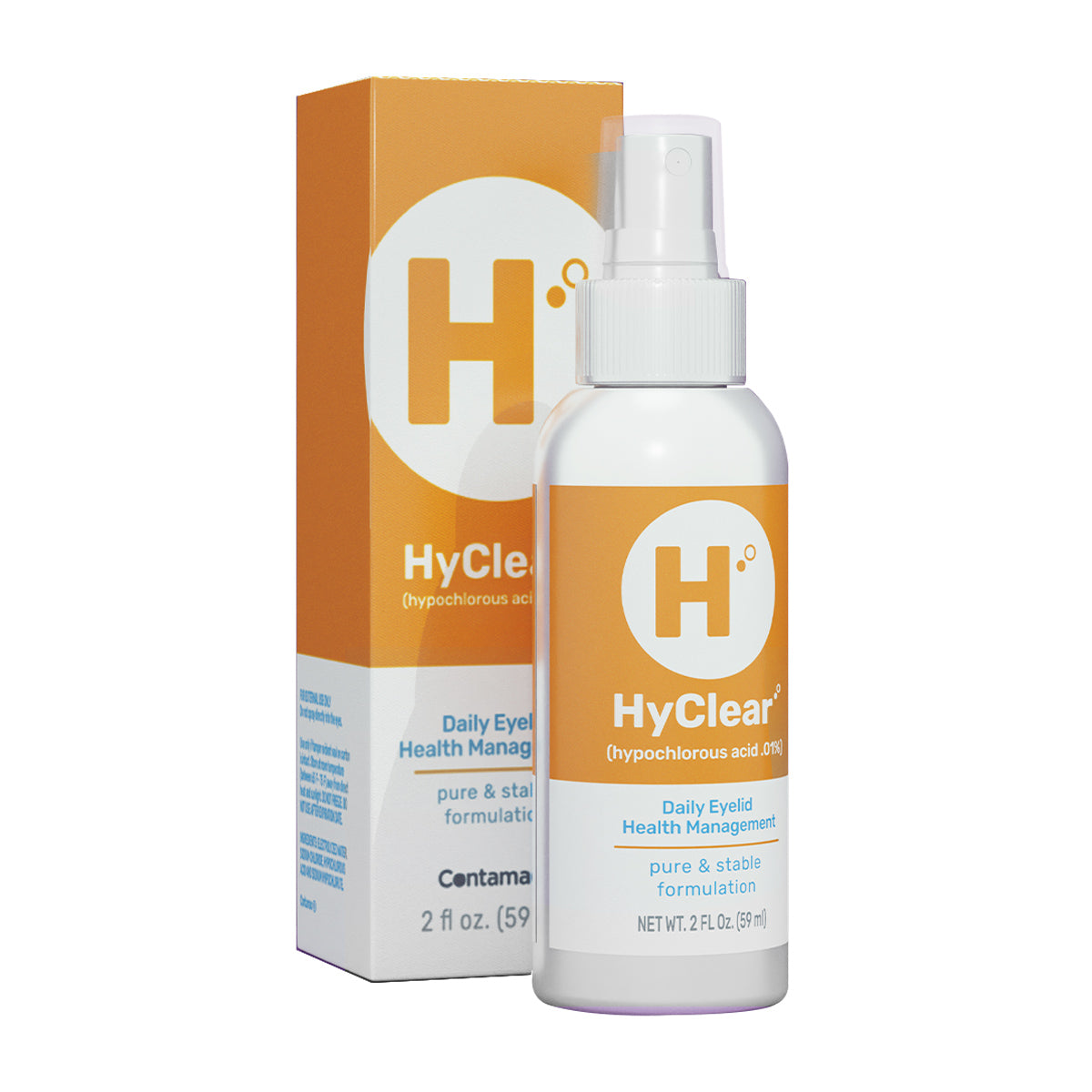 A Contamac Hyclear Hypochlorous Spray bottle, 60ml for eyelid hygiene, stands before its orange and white box. The label indicates hypochlorous acid (0.01%) for antimicrobial defense. Both feature an orange round logo with an H.