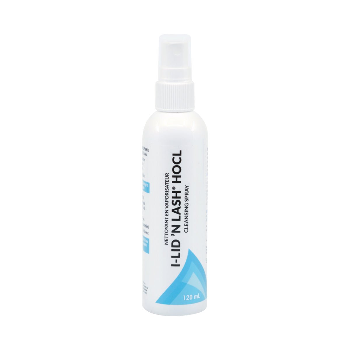 The I-Med Pharma I-LID ’N LASH® HOCl Cleansing Spray is a white 120mL bottle featuring a blue and gray design, containing pure hypochlorous acid for gentle eyelid and lash hygiene, ideal for blepharitis management.