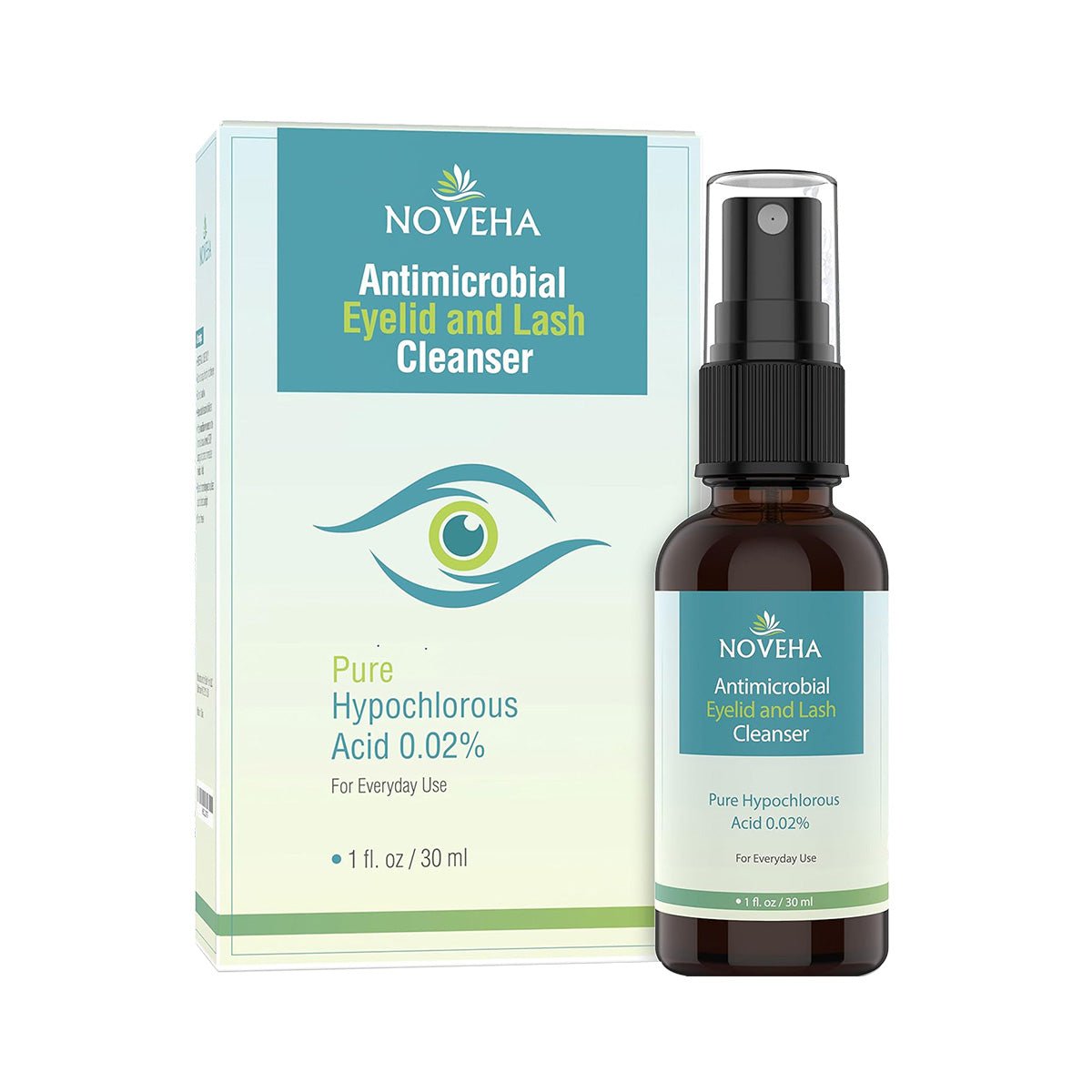 A product image of Noveha Hypochlorous Acid Eyelid and Lash Cleanser, ideal for sensitive skin, showcases its green and white packaging with an eye graphic and Pure Hypochlorous Acid 0.02% formula. A 30mL spray bottle is neatly positioned beside the box.