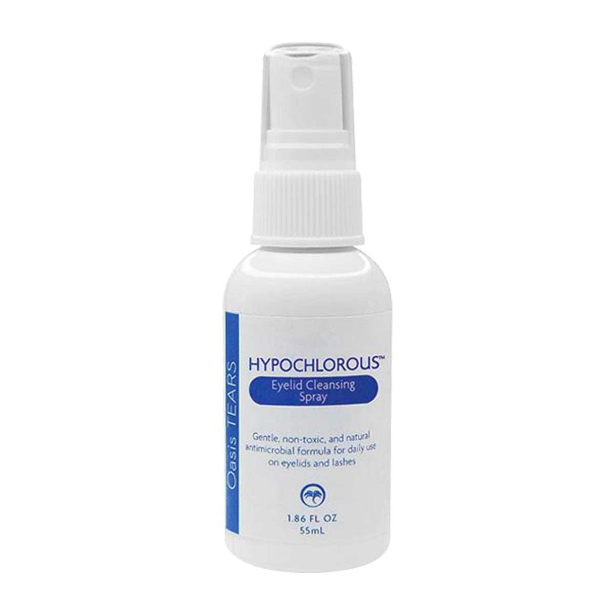 The Oasis TEARS Hypochlorous Eyelid and Lash Cleansing Spray by Oasis Medical is a 55 mL white bottle with blue accents, offering a gentle, non-toxic antimicrobial formula. Infused with hypochlorous acid, it ensures effective eyelid hygiene for daily use on lashes.