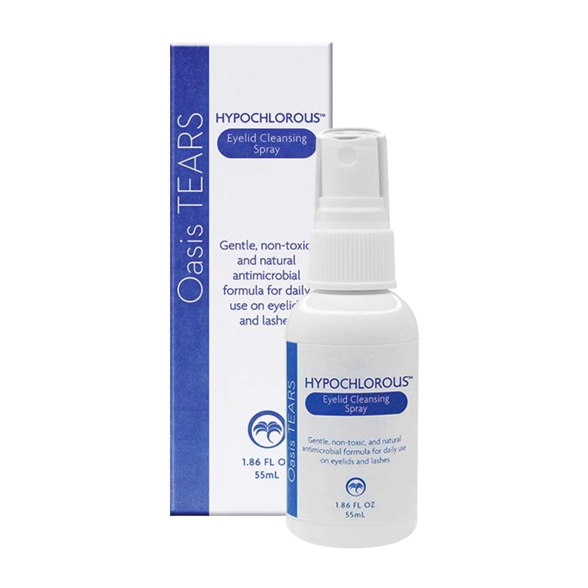 The Oasis TEARS Hypochlorous Eyelid and Lash Cleansing Spray by Oasis Medical is a gentle, non-toxic antimicrobial formula for daily eyelid hygiene. The white spray bottle contains 1.86 fl oz (55mL) and is positioned in front of its blue and white box.