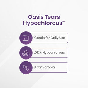 The text graphic for Oasis TEARS Hypochlorous Eyelid and Lash Cleansing Spray by Oasis Medical showcases features like Gentle for Daily Use with a calendar icon, .012% Hypochlorous Acid with a droplet icon, and Antimicrobial Formula with a germ icon—ideal for eyelid hygiene on a light background.