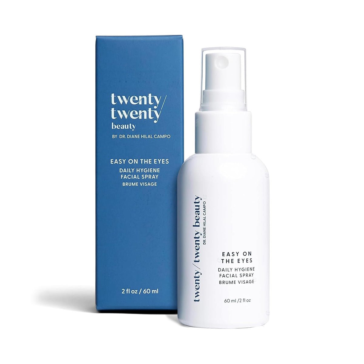 A white spray bottle labeled Twenty Twenty Daily Hygiene Facial Spray stands beside its blue box. Both display the same calming face mist formulated with hypochlorous acid, with a capacity of 60 ml (2 fl oz).