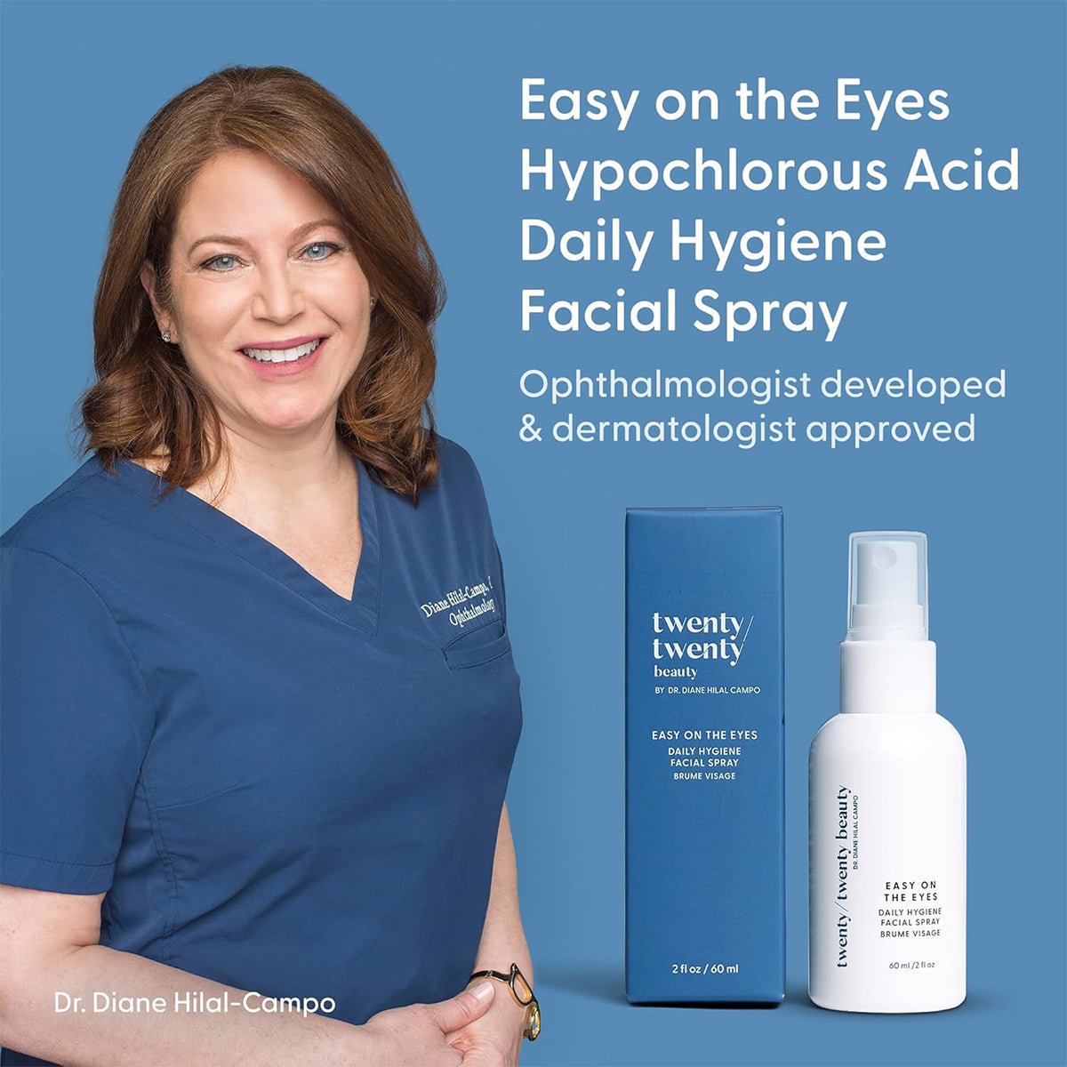 A woman in blue scrubs smiles beside a box and bottle of Twenty Twenty Daily Hygiene Facial Spray (Hypochlorous Spray). Developed by an ophthalmologist and dermatologist-approved, this calming spray offers gentle skin care.