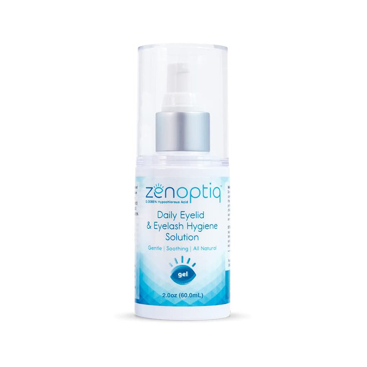 A 60mL bottle of ZenOptiq Hypochlorous Acid Spray by Opus Life Sciences offers gentle care with an all-natural formula. Its benefits for Meibomian Gland Dysfunction are highlighted on the label. The pump dispenser is conveniently enclosed in a clear plastic cover.