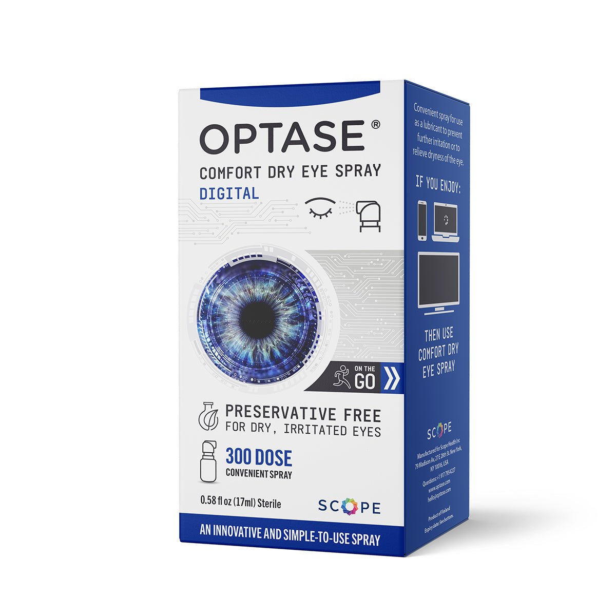 White box of Optase reflects a blue eye image, noting preservative free and 300 dose convenient spray with usage tips for digital eye strain and dry eye relief. Blue highlights and the Scope logo are present, emphasizing tear film stability.