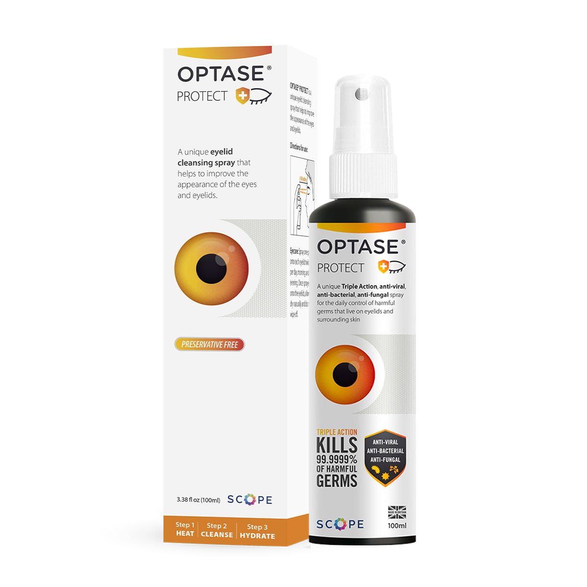 Optase Protect Eyelid Hypochlorous Cleansing Spray (100ml) features eye-like yellow and red packaging, kills 99.99% of germs, is preservative-free, and perfect for daily eye hygiene.