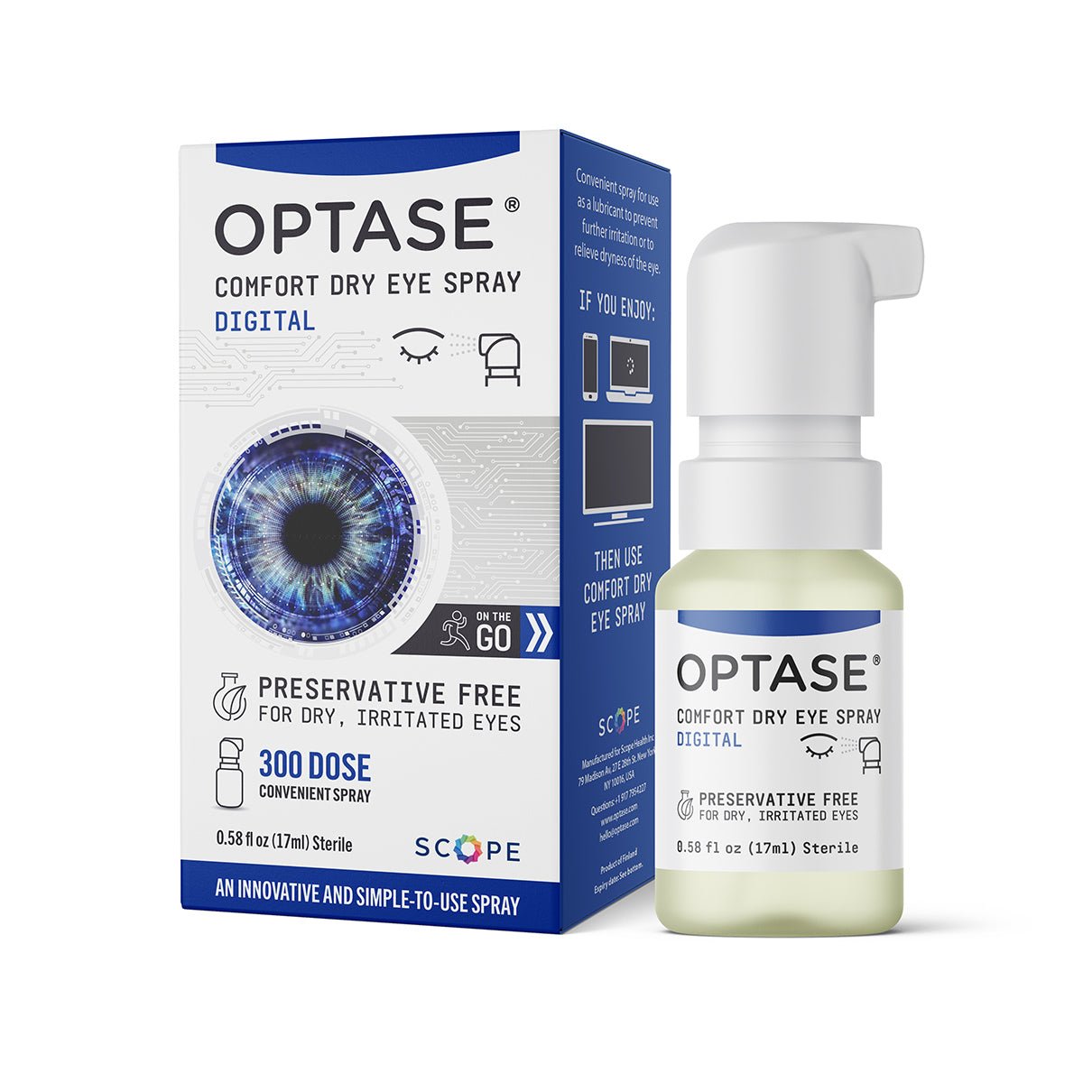 The Optase Comfort Dry Eye Spray features a box with a digitized eye graphic, highlighting its preservative-free formula. The spray bottle is prominently displayed and labeled to ensure tear film stability and comfort for dry, irritated eyes.