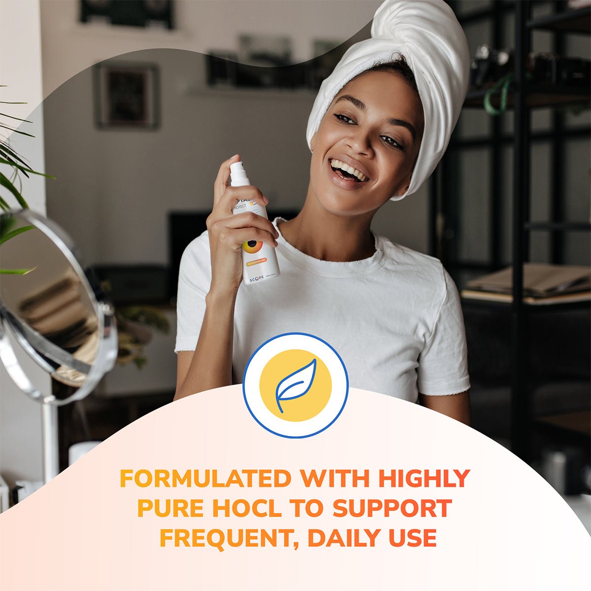 A woman in a white t-shirt and towel on her head sprays Optase Protect Eyelid Hypochlorous Cleansing Spray (100ml) on her face, smiling. Text: Formulated with highly pure hypochlorous acid for daily eye hygiene and frequent use. A plant icon is shown above the text.