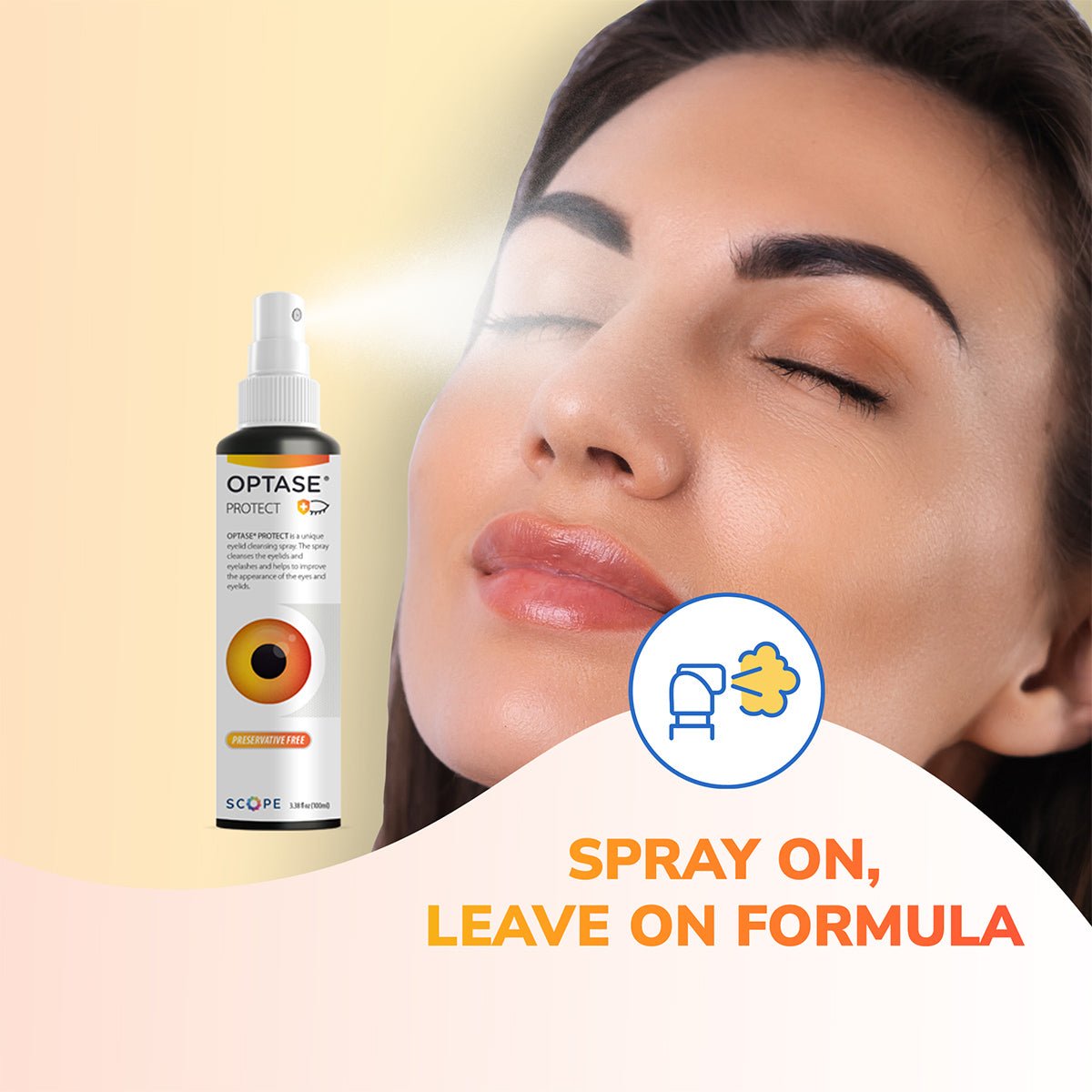 A woman with closed eyes applies Optase Protect Eyelid Hypochlorous Cleansing Spray (100ml) for daily eye hygiene. The bottle displays its Spray On, Leave On Formula alongside an eyelid cleansing illustration on a yellow and cream gradient background.