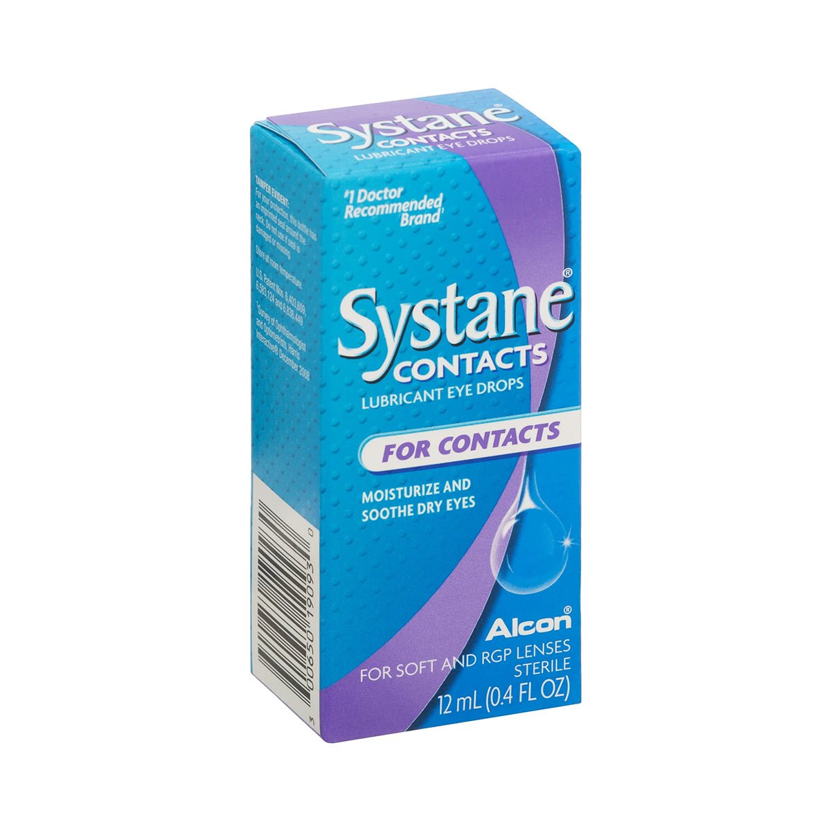 The 12mL box of Alcons Systane® CONTACTS Lubricant Eye Drops, featuring purple and teal design, provides hydrating relief for dry eyes. Its doctor-recommended and ideal for soft, RGP, and hard contact lens wearers.