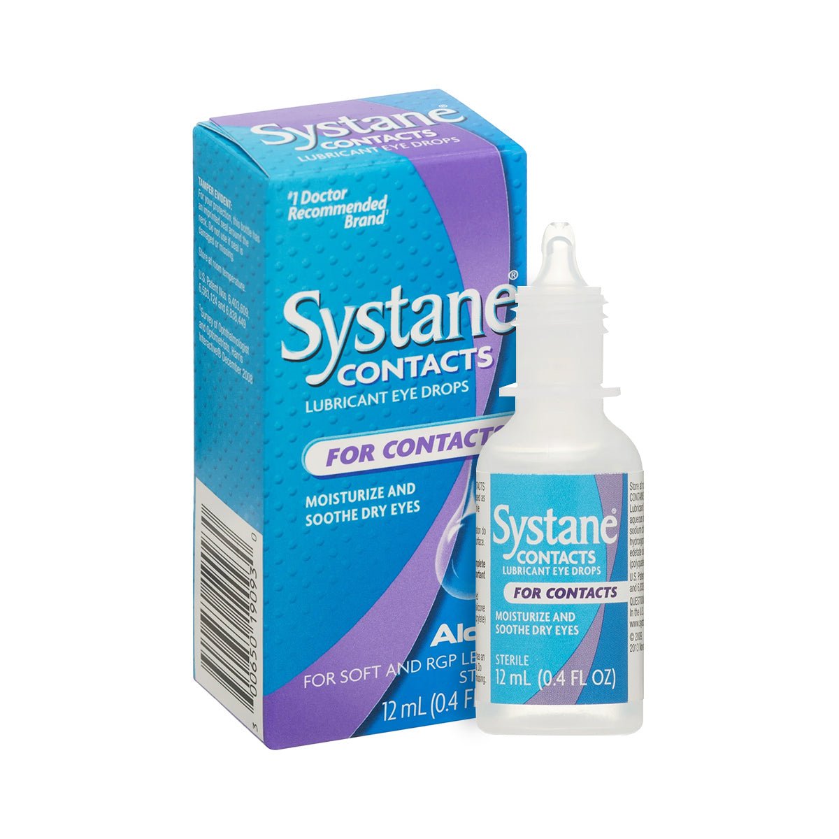 Systane® CONTACTS Lubricant Eye Drops by Alcon, a blue and white box and bottle, offer 12mL of hydrating relief for soft, RGP, and hard contact lenses, moisten dry eyes effectively.