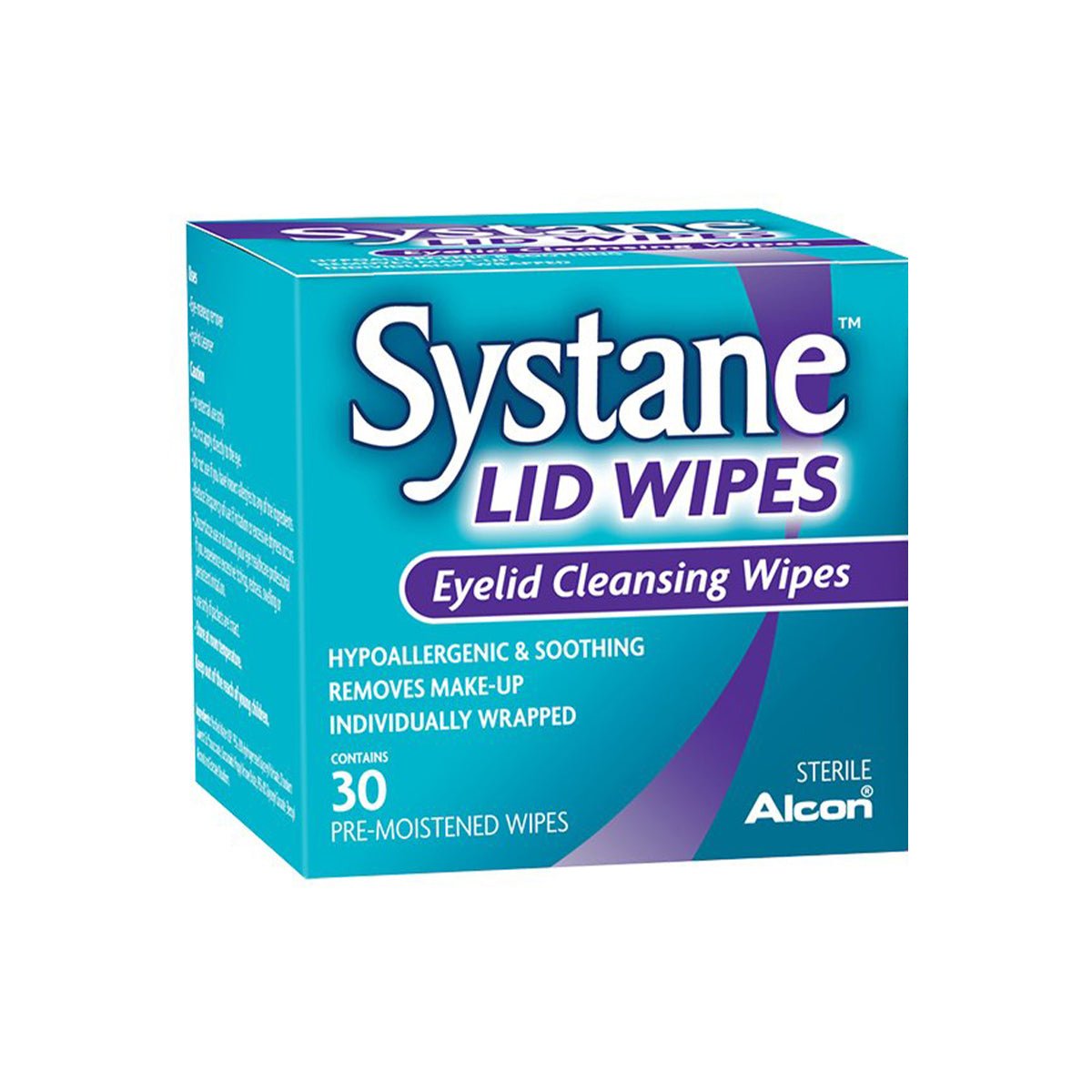 Image of Alcons Systane Lid Wipes box, turquoise with white text, containing 30 hypoallergenic, soothing wipes. Perfect for eyelid cleansing, make-up removal, and preventing eye irritation.