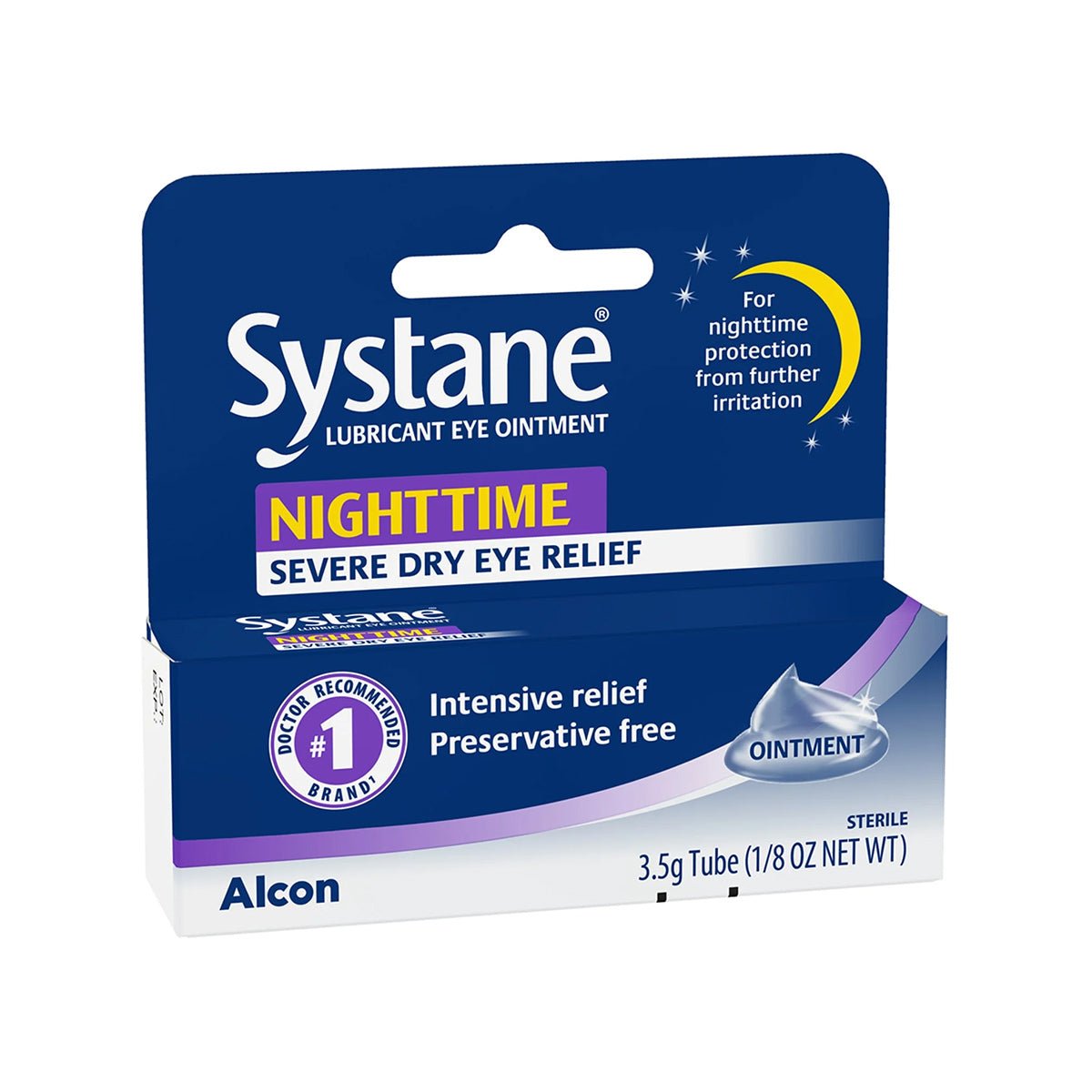 The Systane Nighttime Lubricant Eye Ointment, a 3.5g tube by Alcon, comes in a blue and white box. Offering preservative-free, doctor-recommended severe dry eye and overnight relief, it protects against nighttime irritation.