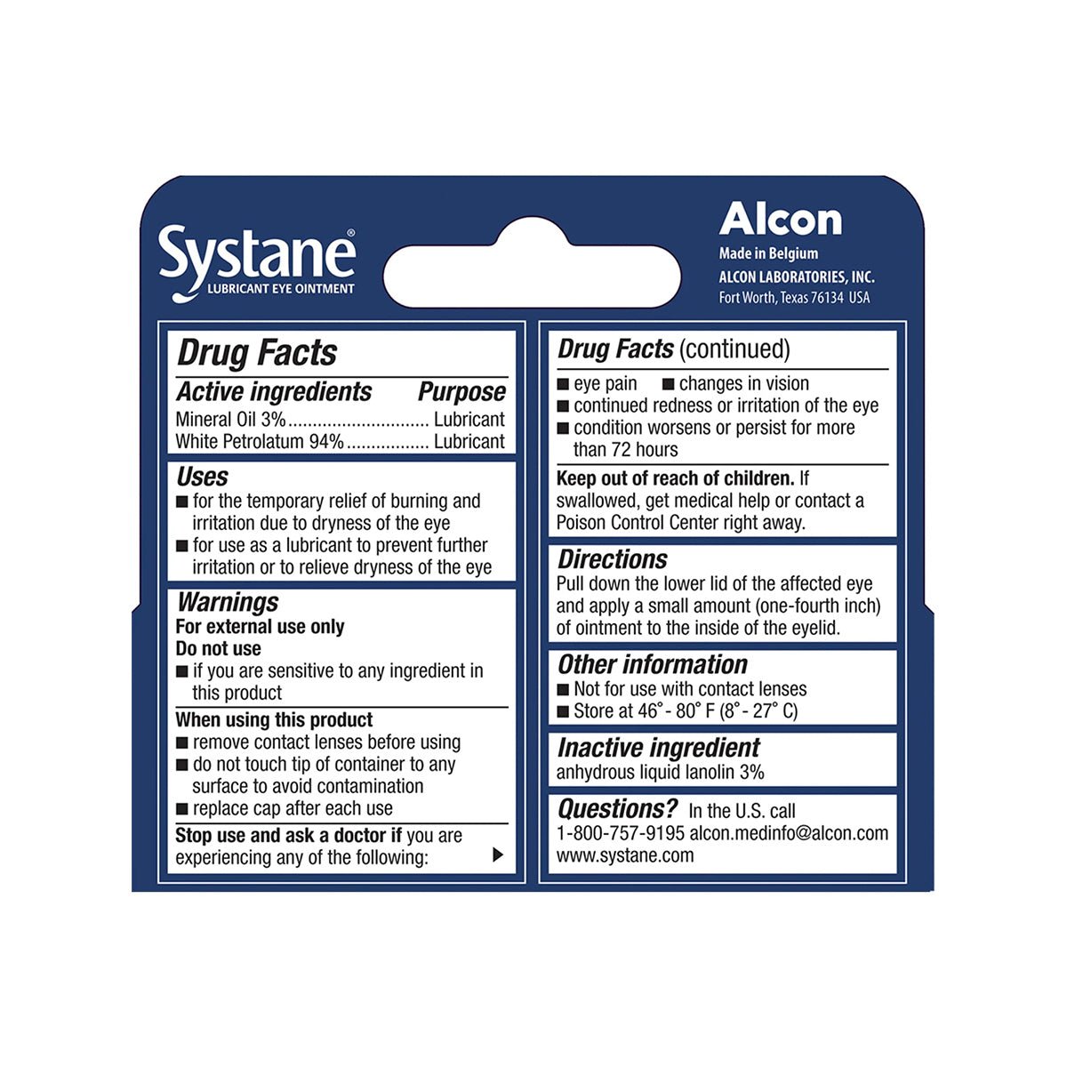 The Systane Nighttime Lubricant Eye Ointment box from Alcon (3.5g tube) shows drug facts for overnight dry eye relief, listing active ingredients, uses, warnings, directions, contact info, emphasizing external use only and proper storage.