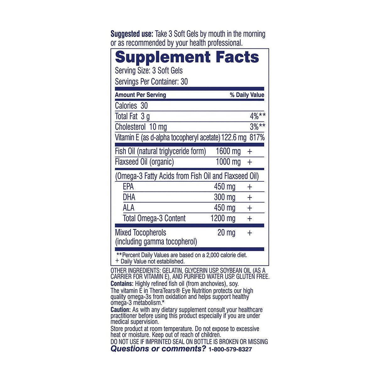 The Thera Tears Omega-3 Dry Eye Formula soft gels label lists calories, vitamin E, fish oil, EPA, DHA, ALA, and other omega-3s. It highlights benefits for eye nourishment and relieving dry eyes and includes suggested use advice along with a safety seal caution.