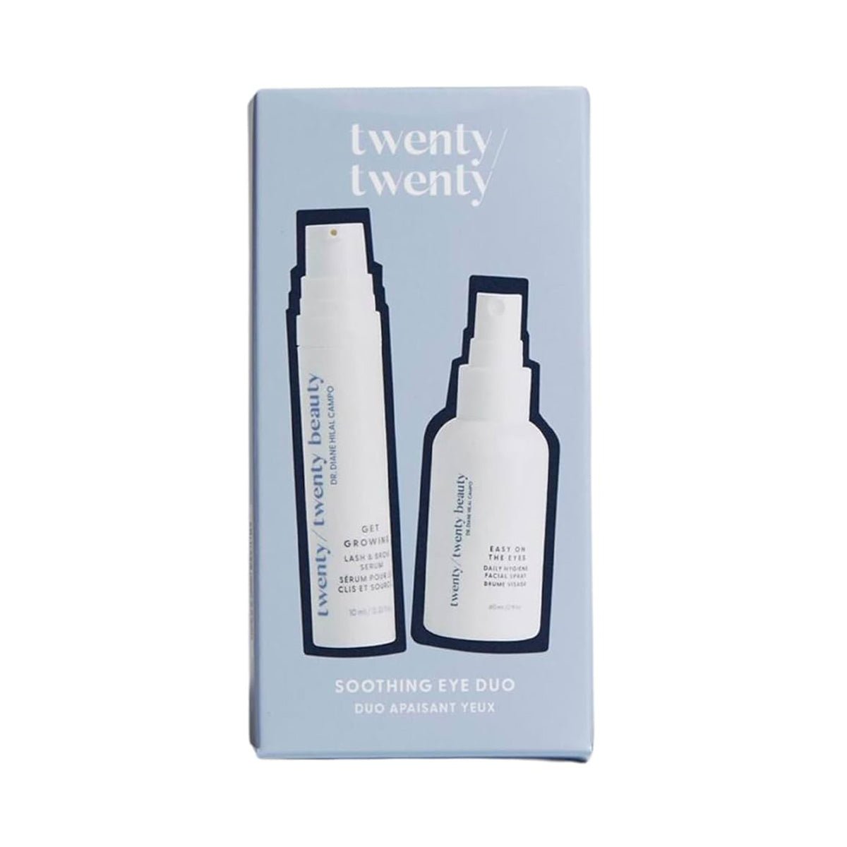 The blue Twenty Twenty Soothing Eye Duo box features illustrated bottles of Get Growing Lash Serum and Easy on the Eyes Facial Cleanser, both focused on enhancing ocular health.