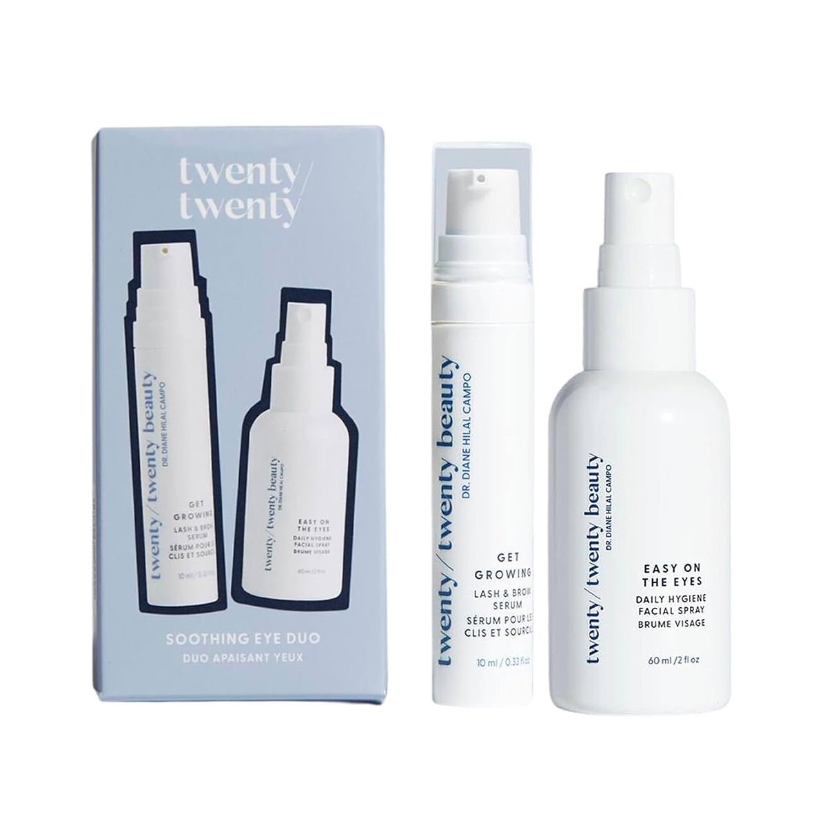 Image of Twenty Twenty Soothing Eye Duo packaging on the left: a light blue box with images of Get Growing lash serum and Easy on the Eyes cleanser. Next to it are the actual bottles, a small facial mist spray bottle, and a larger cream bottle.