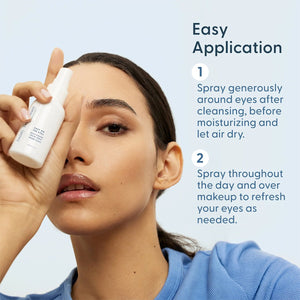 A person in a blue top holds a Twenty Twenty Soothing Eye Duo spray near their face, with text advising to spray around the eyes after cleansing and throughout the day for refreshment and better ocular health.