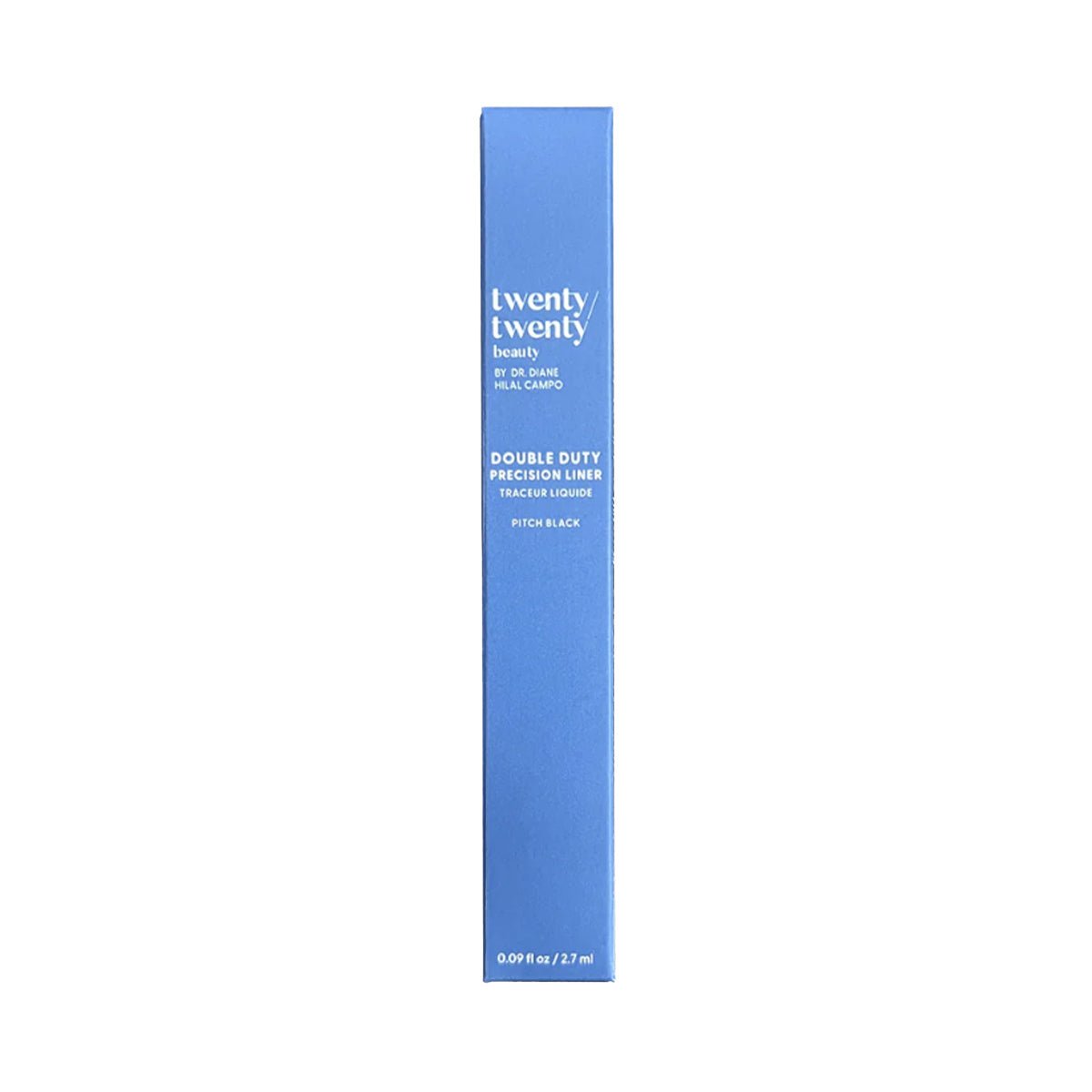 The Twenty Twenty Double Duty Precision Eyeliner in Pitch Black (2.7mL) comes in blue rectangular packaging. Ophthalmologist-tested for safety, it creates fuller-looking lashes with each stroke. Brand and product details are highlighted in white text.