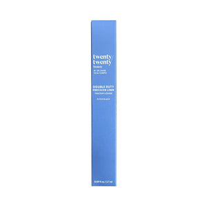 The Twenty Twenty Double Duty Precision Eyeliner in Pitch Black (2.7mL) comes in blue rectangular packaging. Ophthalmologist-tested for safety, it creates fuller-looking lashes with each stroke. Brand and product details are highlighted in white text.