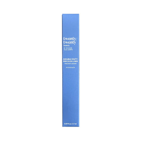 The Twenty Twenty Double Duty Precision Eyeliner in Pitch Black (2.7mL) comes in blue rectangular packaging. Ophthalmologist-tested for safety, it creates fuller-looking lashes with each stroke. Brand and product details are highlighted in white text.