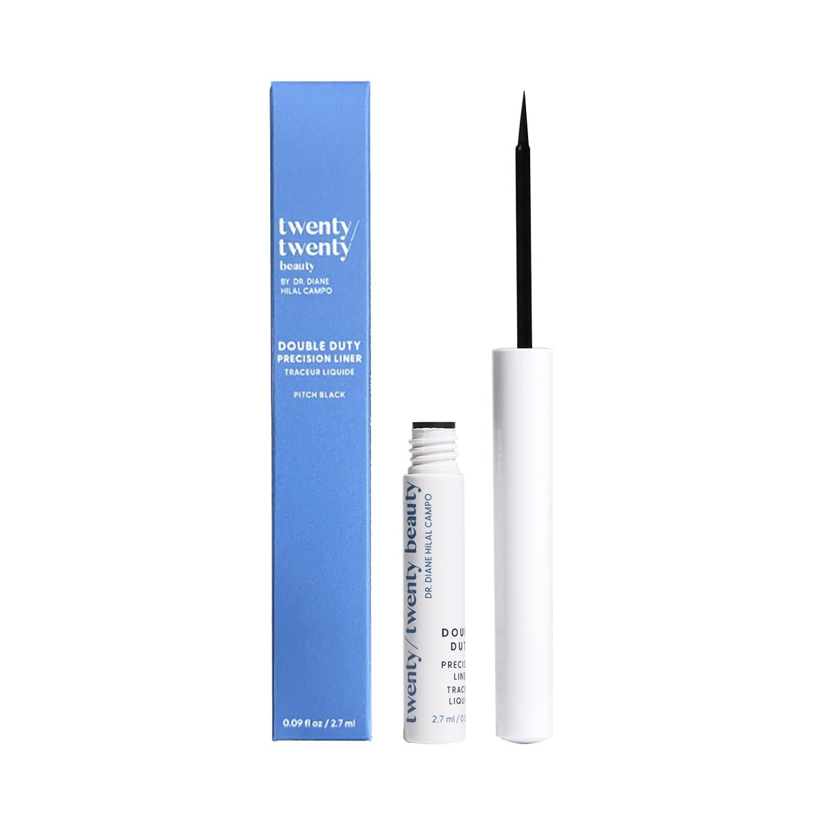 A blue rectangular box of Twenty Twenty Double Duty Precision Eyeliner (Pitch Black) sits beside an open eyeliner with a white handle and black tip. Ophthalmologist-tested, its designed for fuller-looking lashes.