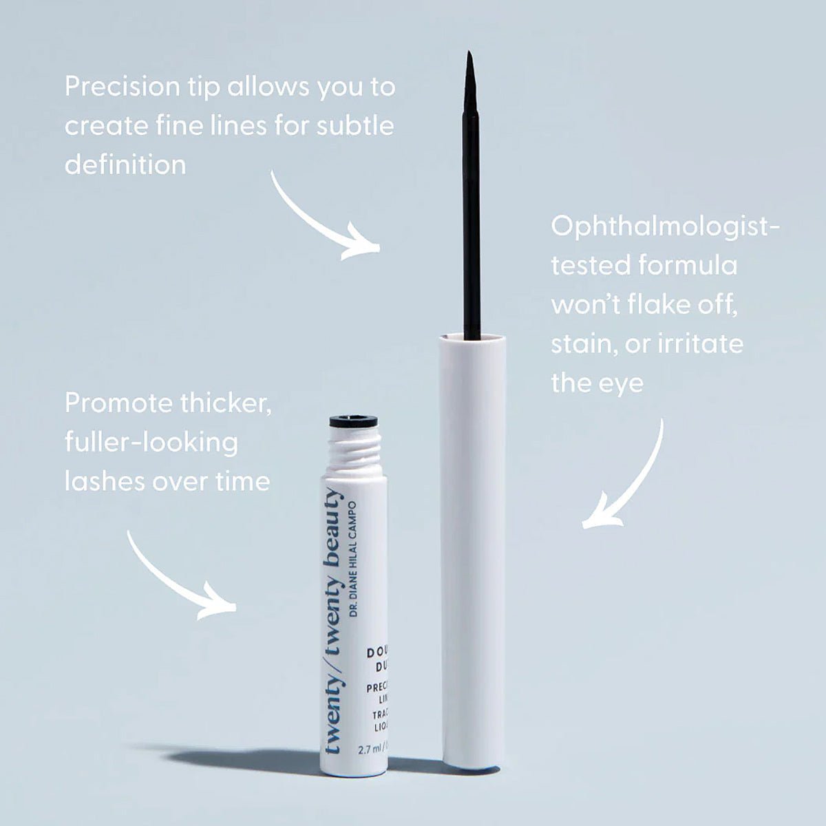 The Twenty Twenty Double Duty Precision Eyeliner (Pitch Black) 2.7mL features a thin brush for precision, offering an ophthalmologist-tested formula that promotes thicker lashes without flaking or irritation, perfect for long-lasting fine lines.