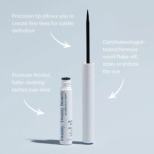 The Twenty Twenty Double Duty Precision Eyeliner (Pitch Black) 2.7mL features a thin brush for precision, offering an ophthalmologist-tested formula that promotes thicker lashes without flaking or irritation, perfect for long-lasting fine lines.