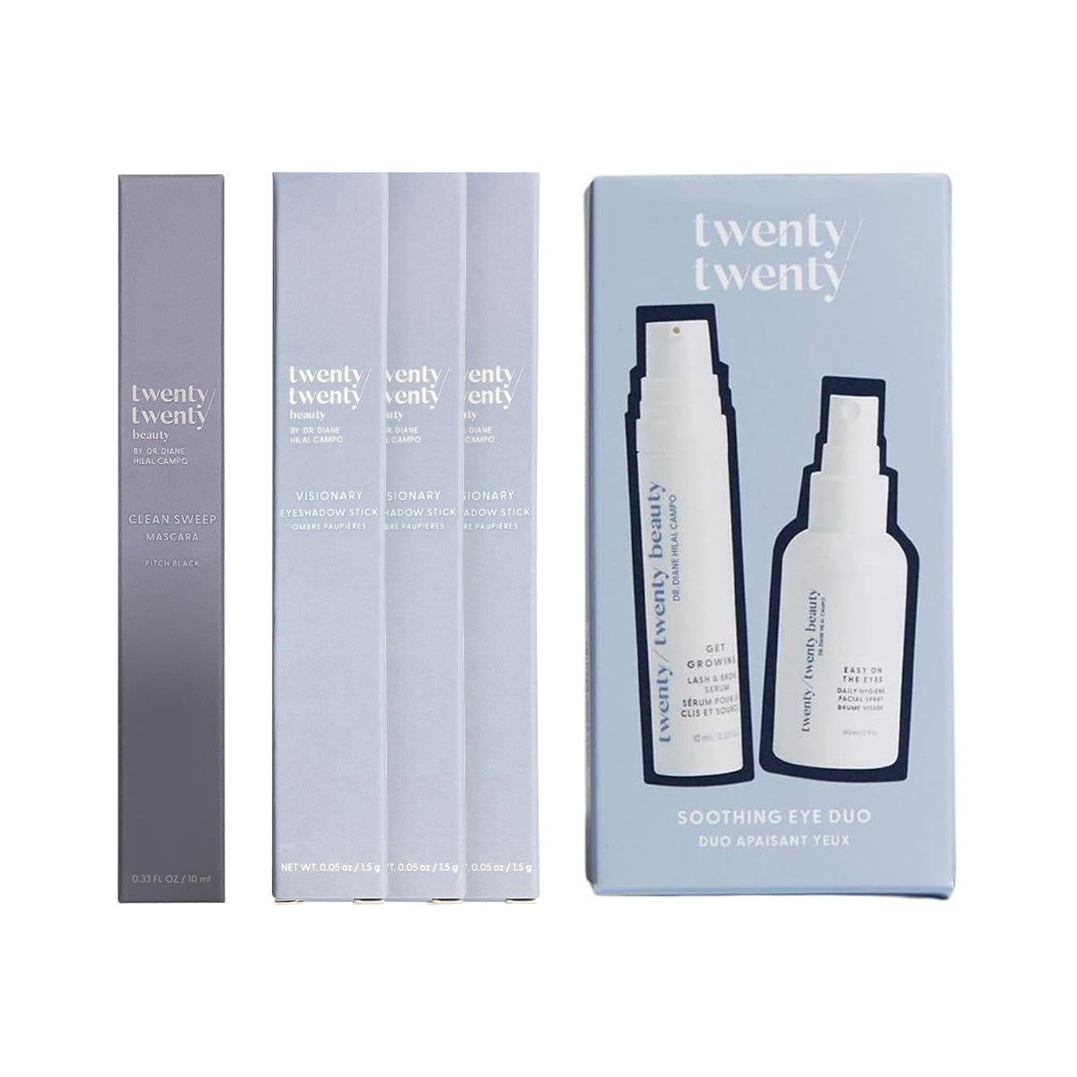 The Twenty/Twenty Beauty Starter Set by Twenty Twenty is showcased, featuring eye-safe products in three slim rectangular boxes and a larger box titled Soothing Eye Duo. This set is perfect for your lash and brow serum needs, with packaging illustrating two essential eye care items.