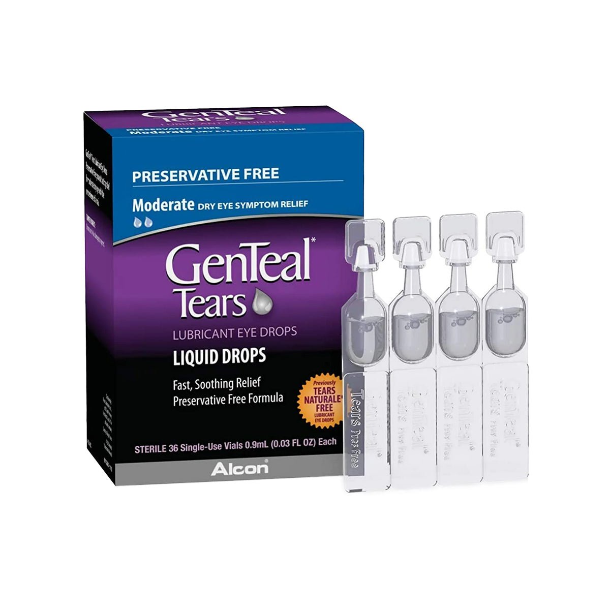 Image of GenTeal Tears Lubricant Eye Drops packaging by Alcon, labeled as Preservative Free and for Moderate Dry Eye Symptom Relief. It showcases four single-use vials from a pack originally containing 36 vials, ideal for sensitive eyes.