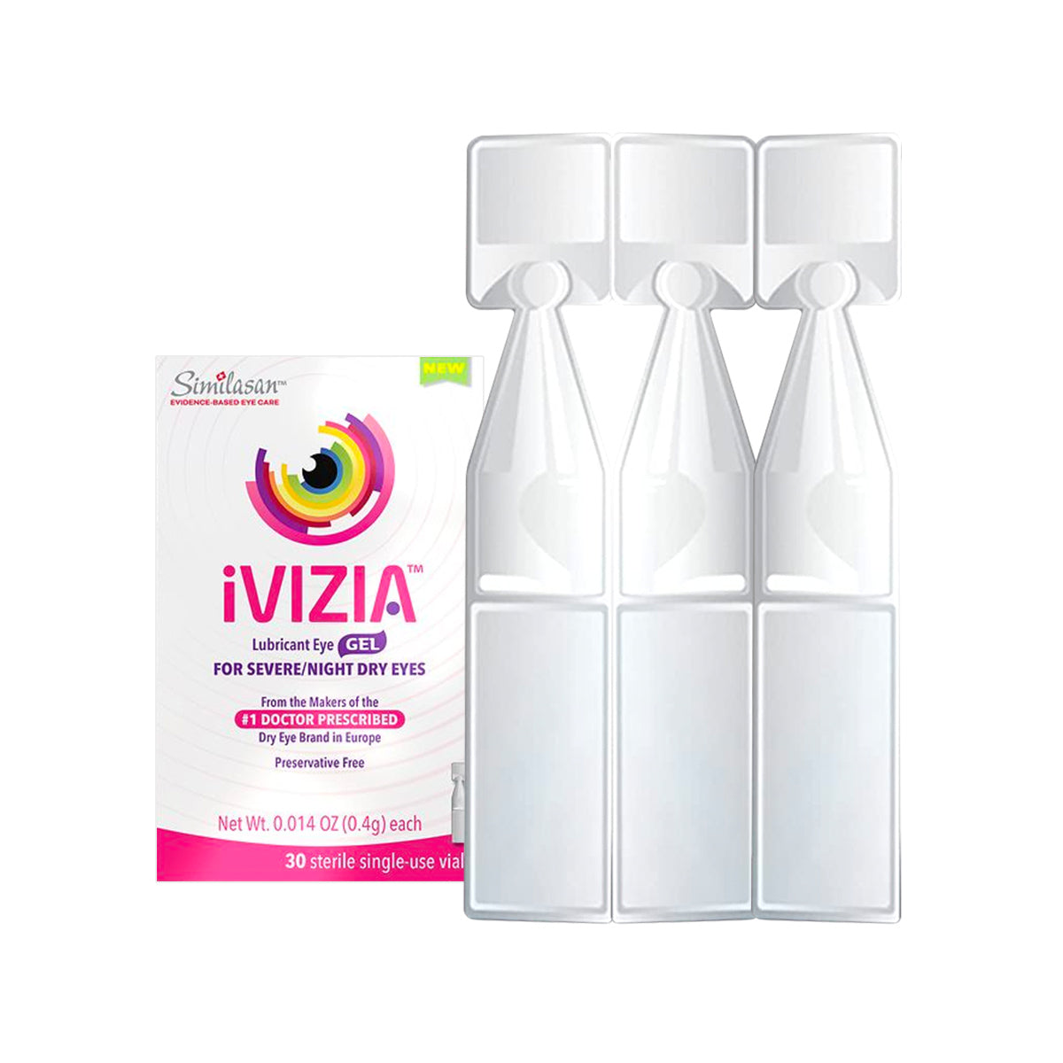 Theas iVIZIA Lubricant Eye Gel, designed for severe dry eye or nighttime relief, features preservative-free packaging with 30 sterile single-use vials, ideal for convenience.