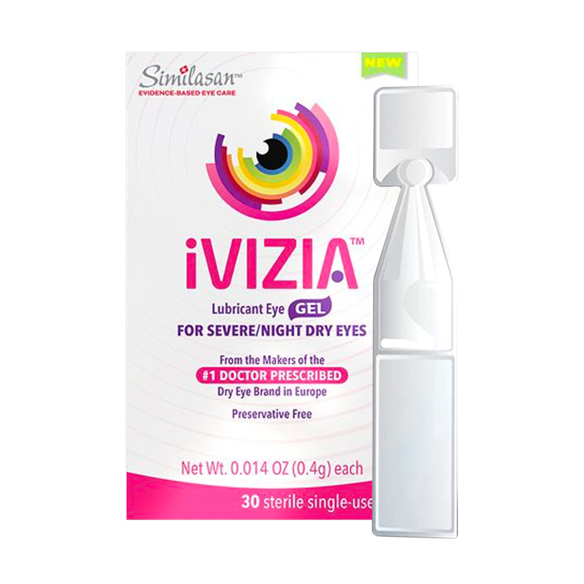 The packaging of iVIZIA Lubricant Eye Gel by Thea emphasizes its preservative-free formula for severe nighttime relief. Its the top doctor-recommended brand in Europe, available as 30 sterile 0.014 oz single-use vials attached below.