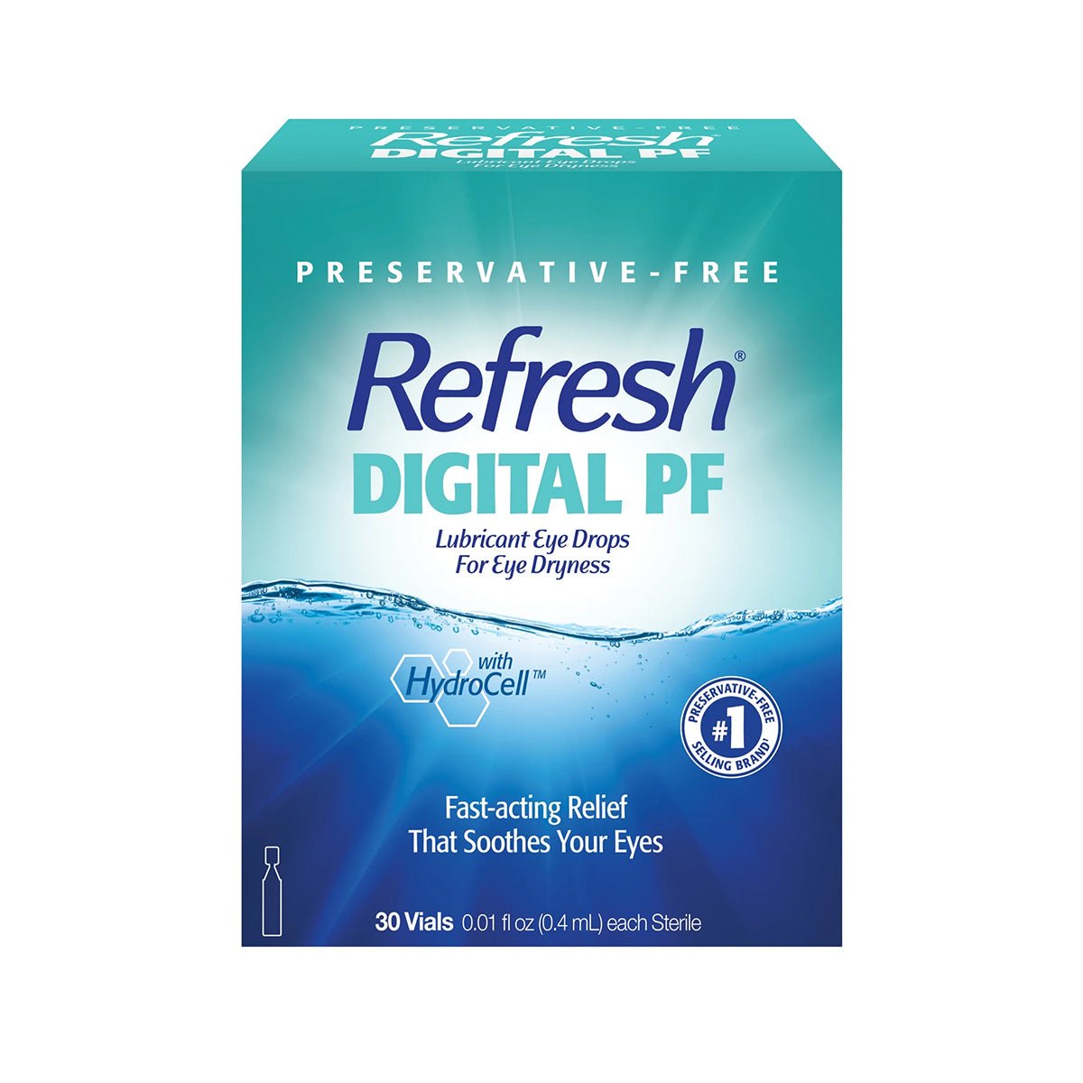 Abbvies Refresh Digital Preservative Free eye drops offer fast-acting relief for dry eyes and digital strain, promising soothing comfort. The packaging includes 30 vials, each 0.4 mL, with HydroCell technology and a #1 doctor recommended seal for preservative-free care.