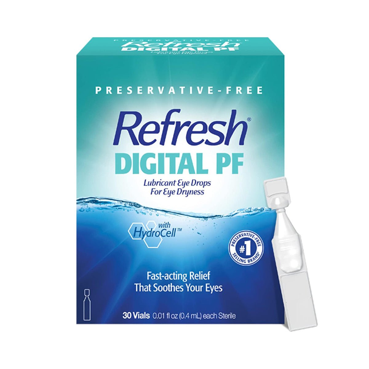 Image of the teal box for Abbvies Refresh Digital Preservative Free eye drops, designed for digital eye strain relief, showcasing a water splash. It emphasizes Preservative-Free and Fast-acting Relief, with a single-use vial next to it.