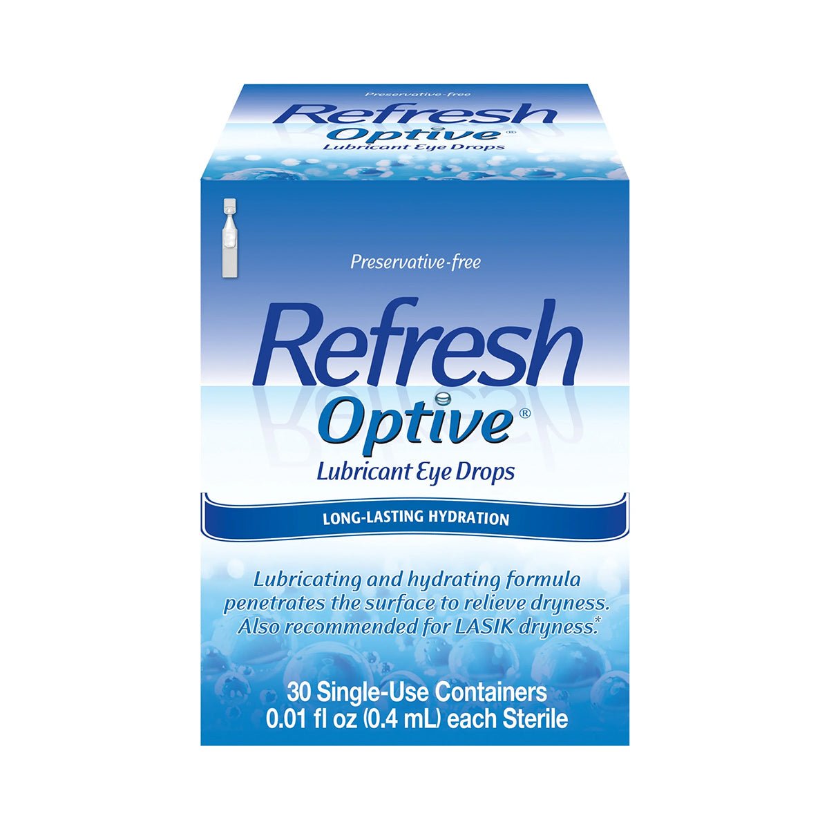 The Abbvie Refresh Optive Lubricant Preservative-Free Eye Drops box features the Preservative-free label prominently, emphasizes Long-lasting hydration, and contains 30 single-use 0.01 fl oz vials that provide exceptional dry eye relief and are LASIK recommended.