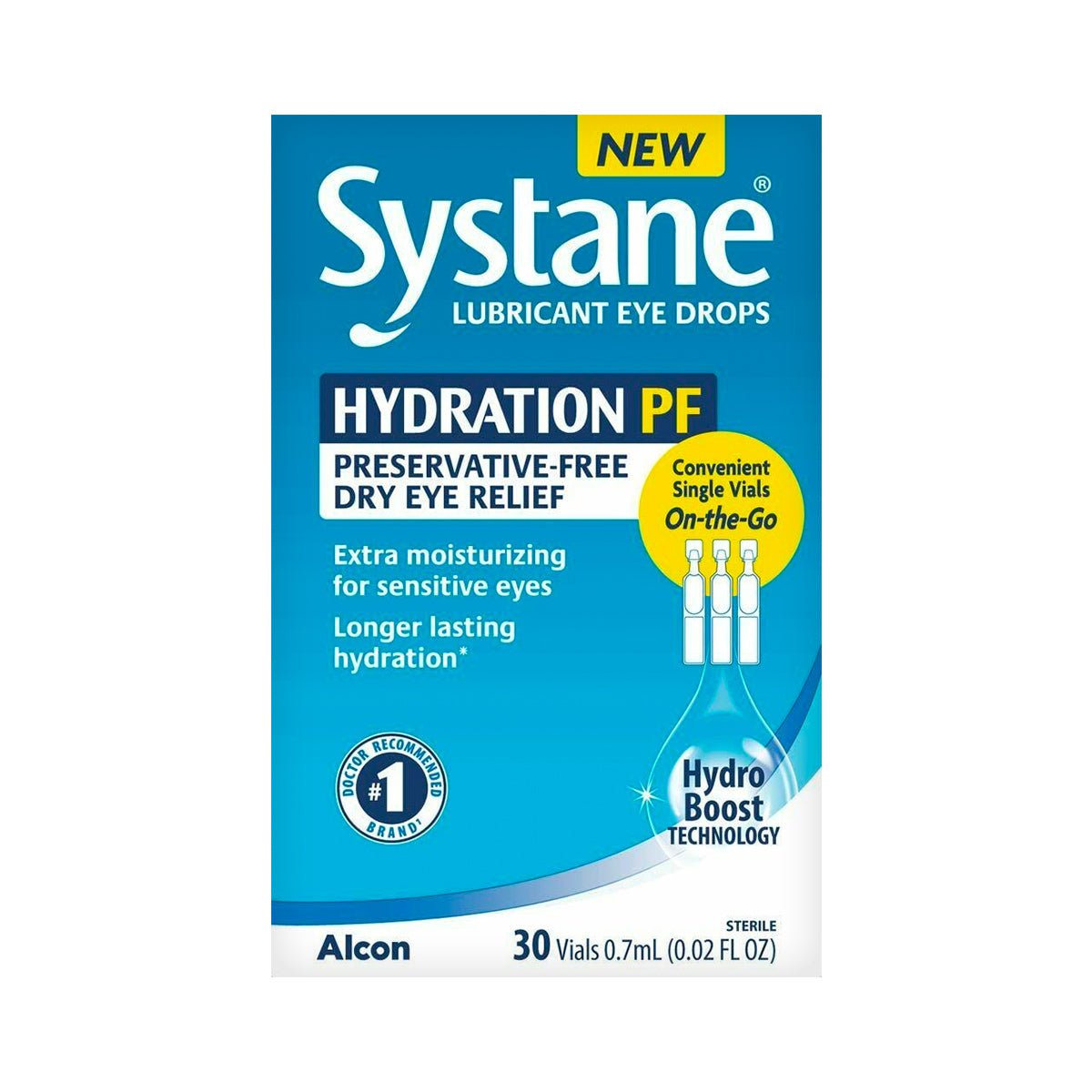 Image of Systane Hydration Preservative-Free Lubricant Eye Drops from Alcon: Featuring New Sodium Hyaluronate formula for extra moisture and preservative-free dry eye relief, perfect for sensitive eyes on-the-go with 30 convenient 0.7mL single-use vials.