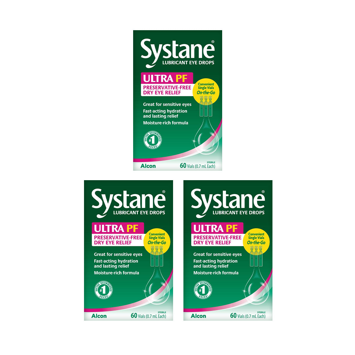 Three boxes of Systane Ultra PF by Alcon, featuring preservative-free lubricant eye drops for fast, long-lasting relief. Ideal for sensitive eyes, the green box with purple and white accents contains 180 vials of artificial tears (60 per box).