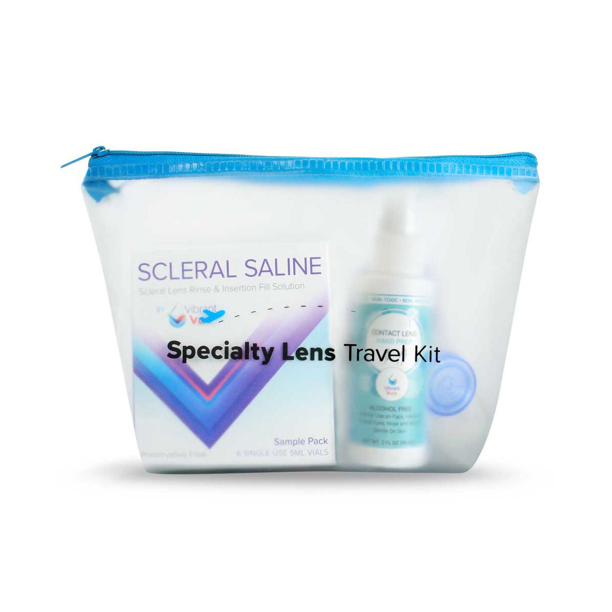 The Vibrant Vue Specialty Lens Starter Travel Kit by Visionary Optics includes a transparent cosmetic bag with a blue zipper, containing a small bottle and a box labeled Scleral Saline Solution, perfect for your on-the-go scleral lens needs.