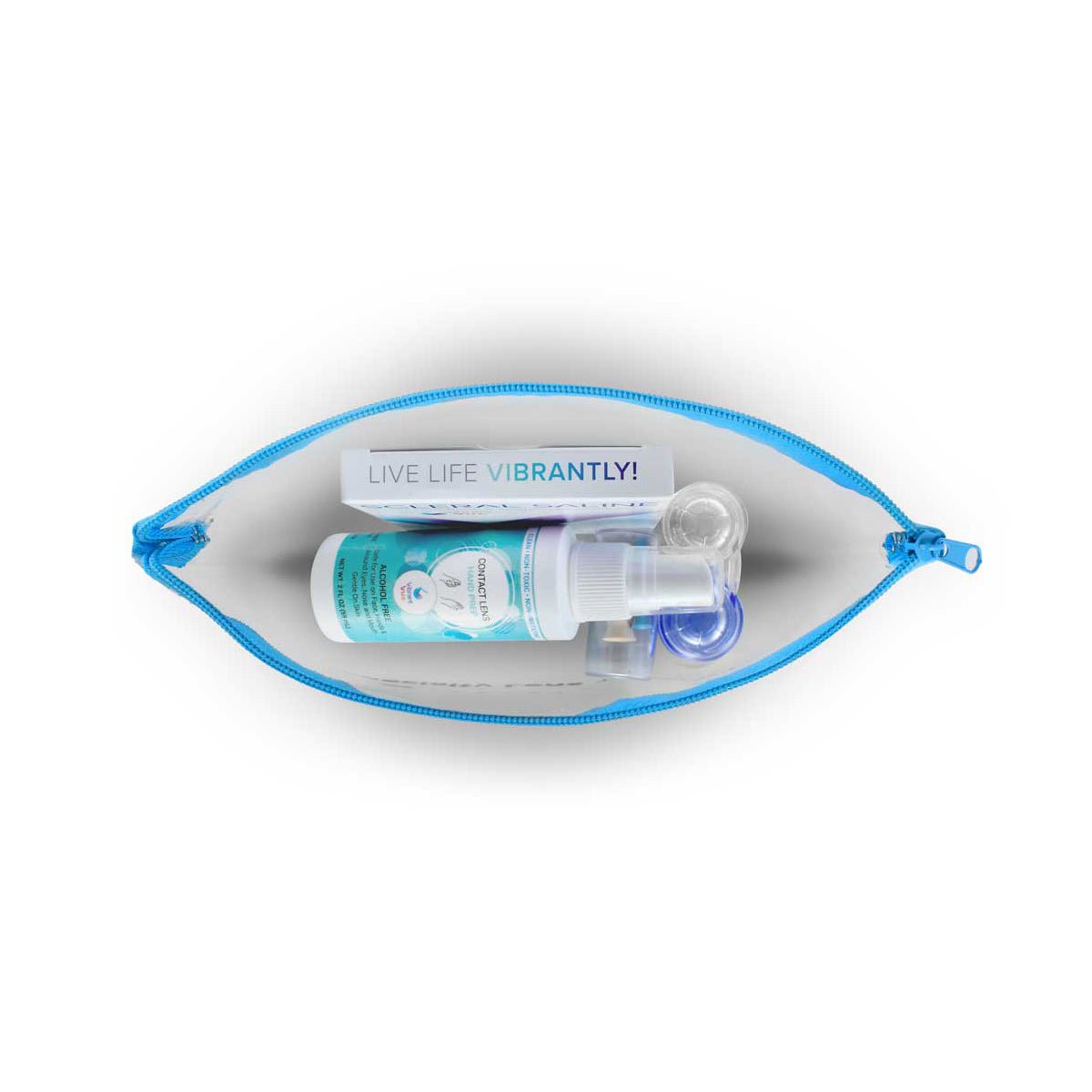 The Vibrant Vue Specialty Lens Starter Travel Kit by Visionary Optics includes a top-view transparent blue zippered pouch with a scleral saline solution bottle, contact lens case, and LIVE LIFE VIBRANTLY! card—ideal for on-the-go convenience.