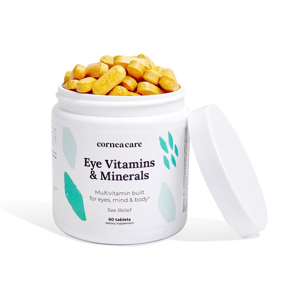 A white CorneaCare Multivitamin container with its lid off reveals yellow tablets, designed for eyes, mind, and body support. It features 60 tablets per bottle to support visual health for a month.