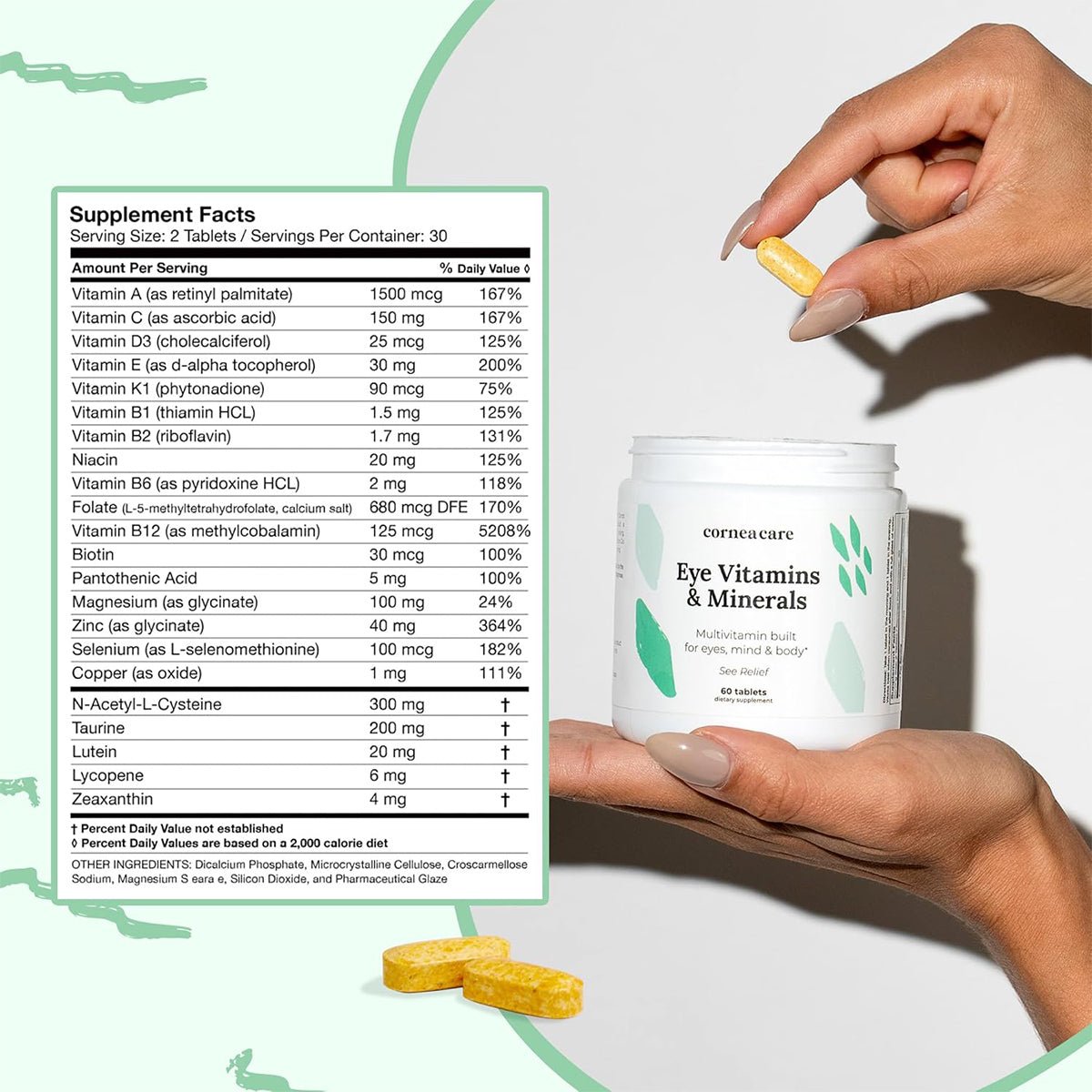 A person holds yellow oblong CorneaCare Multivitamin for Eyes, Mind and Body supplements above an open white container. To the left, a green-tinted chart displays supplement facts, including vitamins A, C, E amounts, serving size, and daily values.