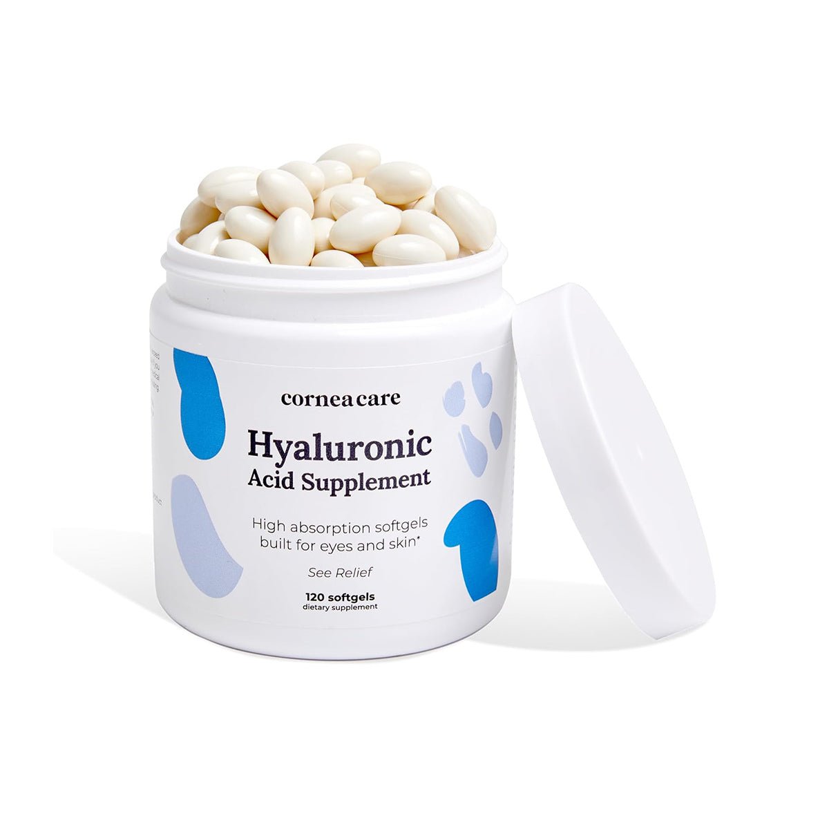 The CorneaCare Hyaluronic Acid Supplement for Eyes and Skin is in an open white container with blue-gray graphics, revealing white capsules. The lid is on the side. This anti-aging eye supplement contains 120 softgels for a 1-month supply.