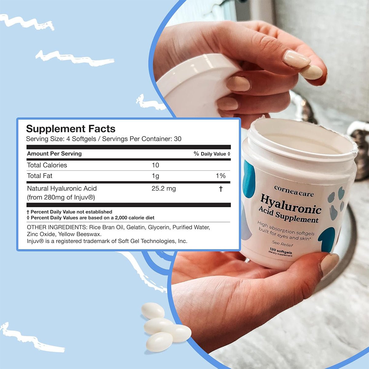 A person holds an open container of CorneaCare Hyaluronic Acid Supplement for Eyes and Skin (120ct - 1 Month Supply). The label highlights anti-aging benefits with 25.2 mg of natural hyaluronic acid per serving, and some ingredients are visible alongside the softgels.