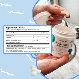 A person holds an open container of CorneaCare Hyaluronic Acid Supplement for Eyes and Skin (120ct - 1 Month Supply). The label highlights anti-aging benefits with 25.2 mg of natural hyaluronic acid per serving, and some ingredients are visible alongside the softgels.