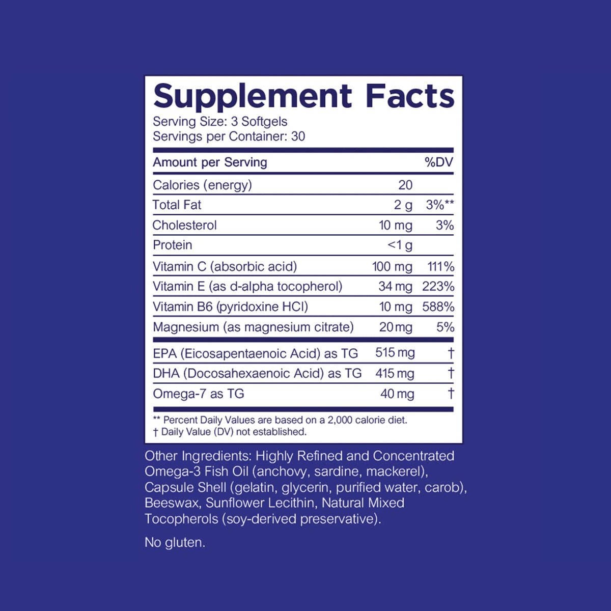 The Supplement Facts label for Heyedrate Omega 3 For Eye Health by PRN presents nutrient values for 3 softgels on a dark blue background. It highlights calories, total fat, cholesterol, vitamins D and K, magnesium, EPA, DHA (important for eye health), omega-7 and omega-3. It also lists ingredients and states No gluten.