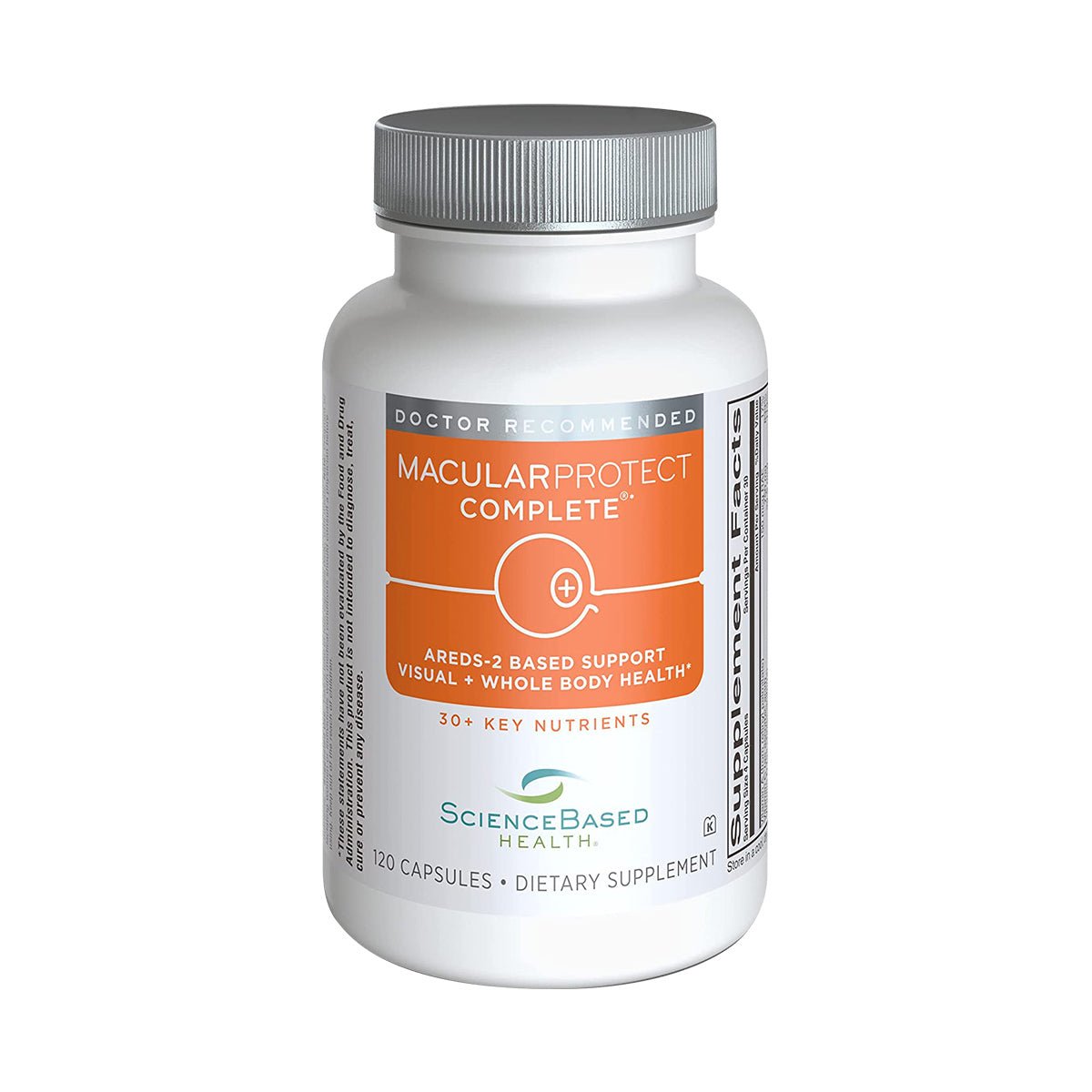 A white bottle labeled MacularProtect Complete AREDS2 Formula for Macula and Whole Body Health by ScienceBased Health contains 120 capsules, offering a dietary supplement with AREDS2 nutrients to support visual function and overall health.