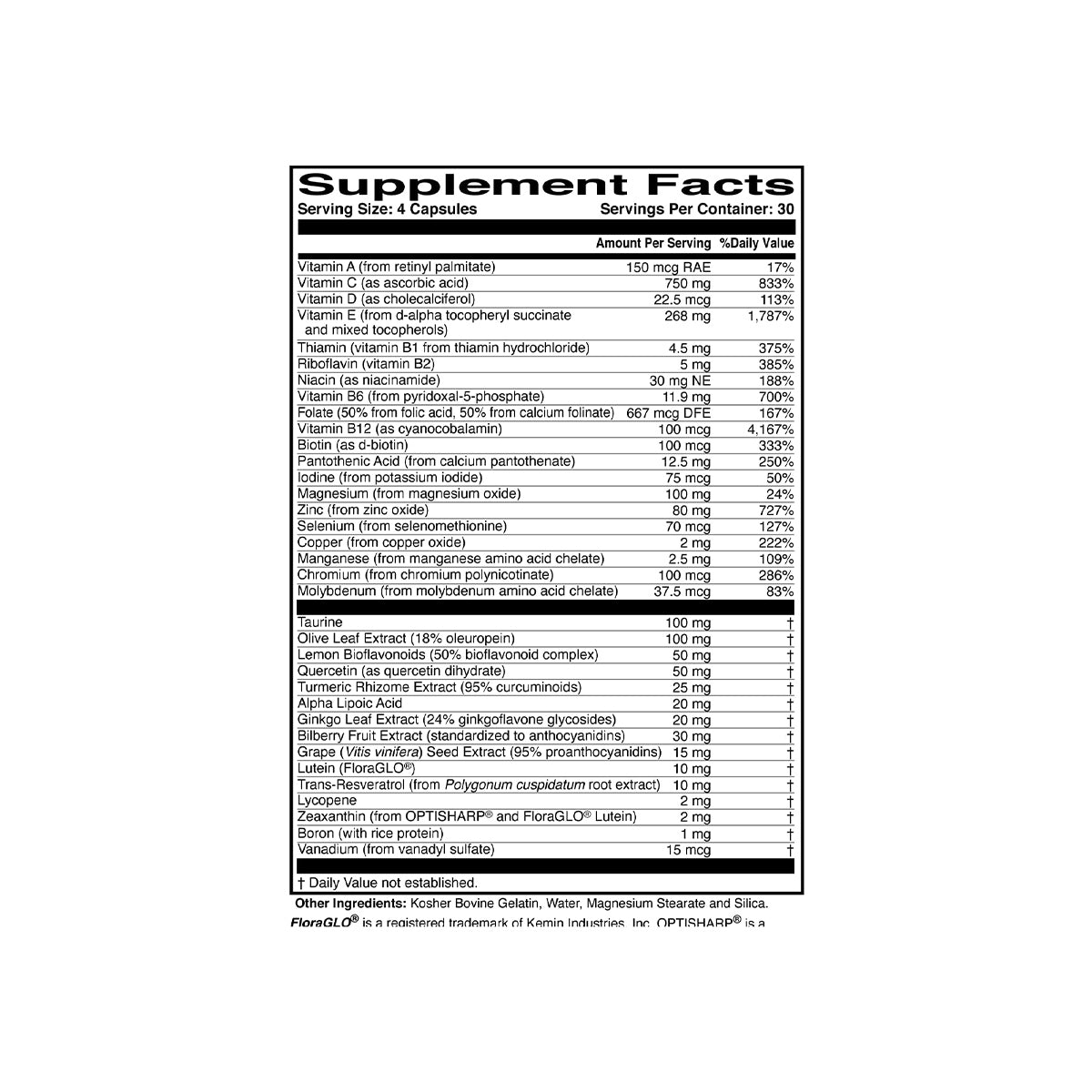 The MacularProtect Complete AREDS2 Formula by ScienceBased Health has a black and white supplement facts label showing vitamins and minerals linked to macular health. It includes amounts per serving, daily values, serves four capsules per serving, aligning with AREDS2 recommendations, with 30 servings per bottle.